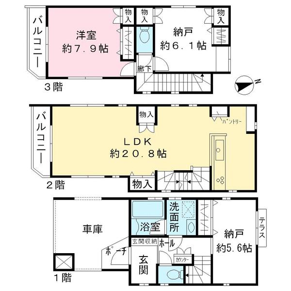 Compartment figure. 66 million yen, 1LDK + 2S (storeroom), Land area 64.63 sq m , Building area 109.76 sq m LDK about 20.8 Article, Western-style about 7.9 Pledge, Storeroom 1 to about 6.1 Pledge, Storeroom 2 to about 5.6 Pledge
