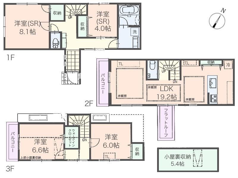 Compartment view + building plan example. Building plan example (B compartment) 4LDK, Land price 44,500,000 yen, Land area 86.26 sq m , Building price 16.3 million yen, Building area 107.59 sq m