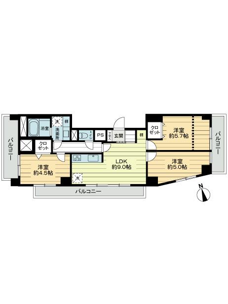 Floor plan. 3LDK, Price 31,800,000 yen, Occupied area 65.16 sq m , Balcony area 15.4 sq m south ・ east ・ 3 direction dwelling unit of the West 3 sided floor plan of the balcony   ※ . , 5.7 Pledge Western-style but partition wall of notation by the dotted line exists, Until delivery. To, It will change to the floor plan of 3LDK to remove the dotted line of the partition wall