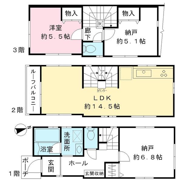 Floor plan. 53,800,000 yen, 1LDK + 2S (storeroom), Land area 73.79 sq m , With roof balcony building area 81.33 sq m sunny living! 