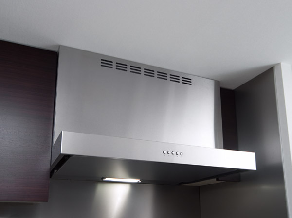Kitchen.  [Range food] Adopt a stainless steel range hood with a sharp square design.