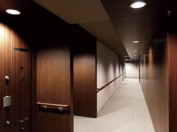 Shared facilities.  [Inner hallway] Inner hallway, What it was fine tailored because it is space to casually use everyday. Ceiling and the door of each dwelling unit on the inner corridor is unified with woodgrain, Produce a chic atmosphere. A combination of floor carpet and downlight, Further to deepen a hotel-like look.