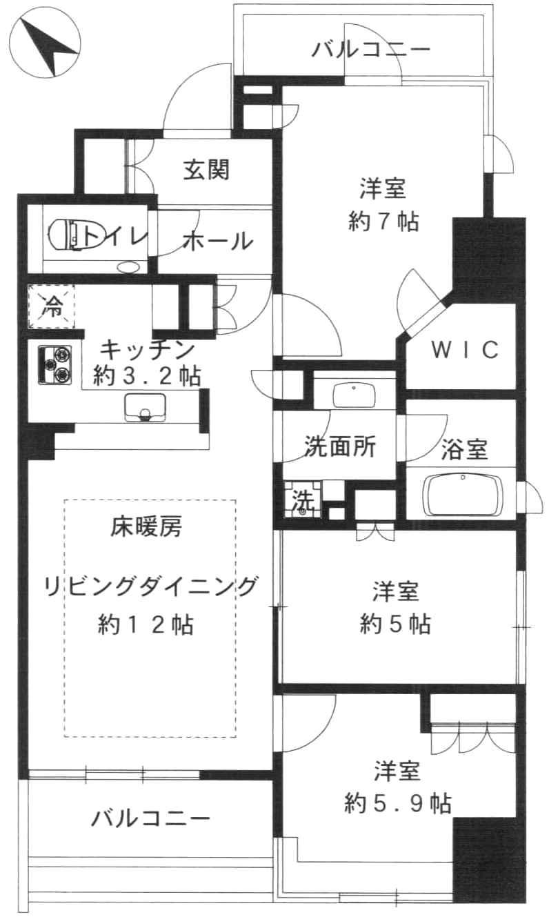 Floor plan. 3LDK, Price 64,800,000 yen, Occupied area 70.93 sq m , Balcony area 8.95 sq m