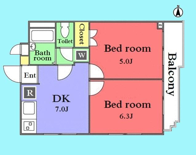 Floor plan. 2DK, Price 19,800,000 yen, Occupied area 36.19 sq m , Balcony area 3.57 sq m