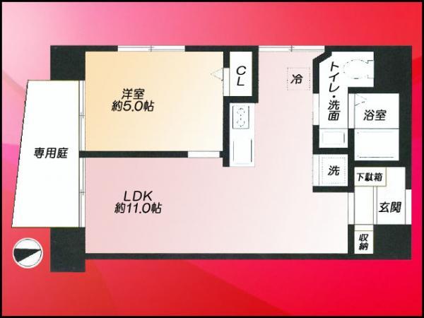 Floor plan. 1LDK, Price 18.9 million yen, Footprint 36.5 sq m southwest angle room! Private garden