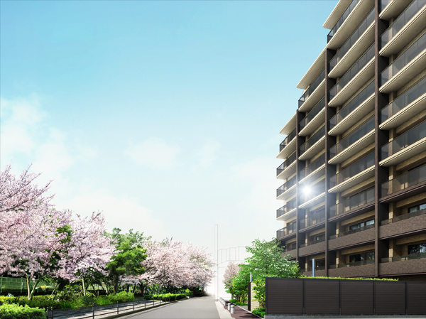 Features of the building.  [appearance] Continuing from "Omori" Station North, Cherry trees Metropolitan, Park over about 700m. And birth mansion as a "landscape" to be drawn is with its green scenery and integrated. Quality to, As and grace Naru landscape. (Rendering)