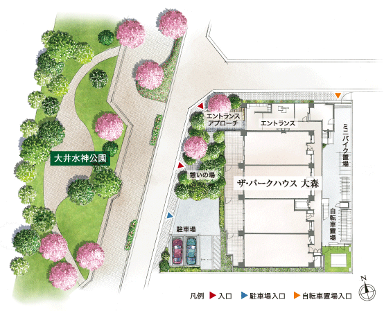 Features of the building.  [Creation of four seasons] Overlooking the park in front, Mansion of a New open. Evergreen oak of the evergreen ・ Roadside glauca and defoliation of dogwood is carve a beautiful rhythm. And concerted and row of cherry blossom trees of public roads, Weeping cherry to play the spring, Yamazakura. It produces a green amount and the four seasons of the facial expression to deepen the impression of as the "Green House". (Site layout illustration)