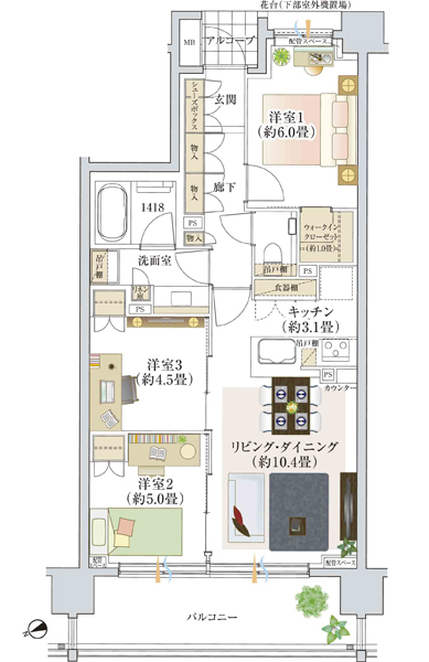 C type ・ 3LDK + WIC occupied area / 66.42 sq m balcony area / 11.57 sq m