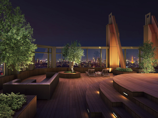 Shared facilities.  [Sky View Lounge] Place the trees in between the deck connected to the stepwise, It is spacious and relaxing lounge space with a chair. While relaxing in the day bed corner, Guests can also enjoy a night view of Tokyo at night.  ※ 12 points Rendering CG more ※ "Guest Suite KURUMI" Listings, "Jewel View Lounge" Rendering CG is local shooting from a height (June 2013) (about 99m) the view photos and, In which the CG processing those caused drawn based on drawing, Slightly different from the actual view. "Sky View Green" Rendering CG is local (about 133m) of the shooting than the height (June 2013) the view photos and, In which the CG processing those caused drawn based on drawing, Slightly different from the actual view. Also, View is not intended to be guaranteed in the future.