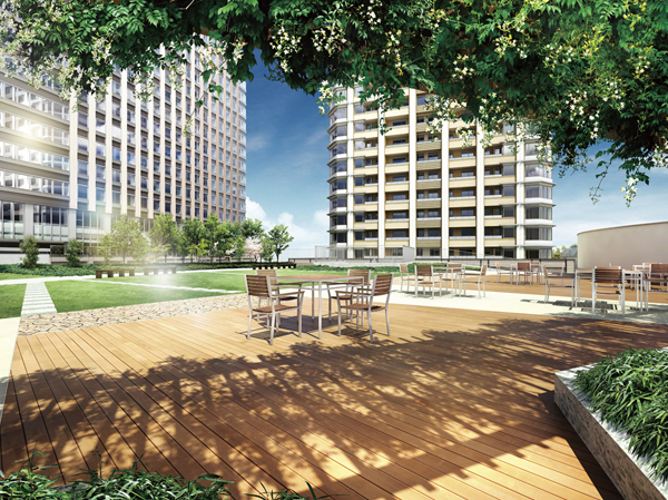 Features of the building.  [Oasis Court] Rooftop plaza as a public open space, which is open to the community. You aim the garden, such as the spot oasis various people Tsudoeru. People who visited the commercial facility is the garden that can relax healed in green. (More than 6 points Rendering CG)