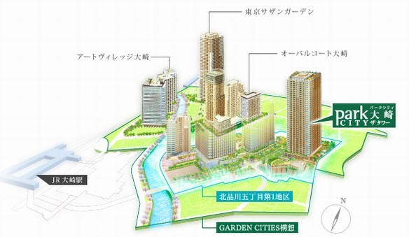 "GARDEN CITIES initiative" conceptual diagram. Blessed with the natural moisture that Meguro River basin among the Osaki Fukutoshin area, Multiple district Ward cooperation, Town development of a sense of unity has been promoted.