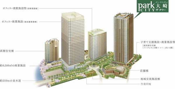The ground 40-storey high-rise tower <Park City Osaki The Tower> symbol, Living facing the office and about 6500 sq m stuff commercial facility ・ quotient ・ Work heck of urban redevelopment project (Rendering Illustration)