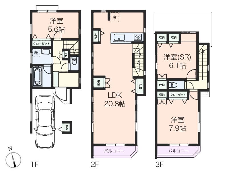 Floor plan. (B Building), Price 66 million yen, 3LDK, Land area 64.63 sq m , Building area 109.76 sq m