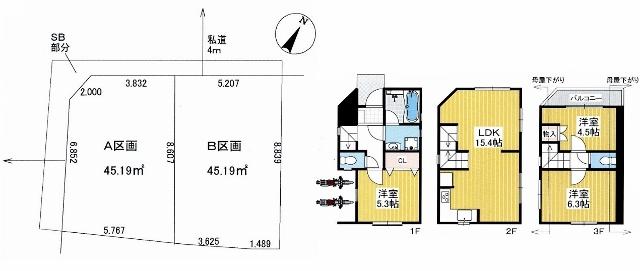 Compartment view + building plan example. Building plan example, Land price 23.8 million yen, Land area 45.19 sq m