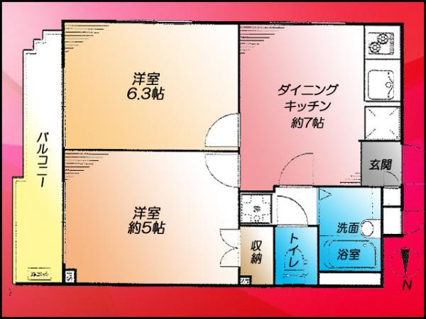 Floor plan. 2DK, Price 19,800,000 yen, Occupied area 36.19 sq m , Easy-to-use floor plan of the balcony area 3.57 sq m 2DK