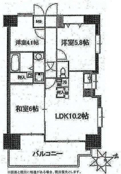 Floor plan. 3DK, Price 31,800,000 yen, Occupied area 56.03 sq m , Balcony area 9.07 sq m
