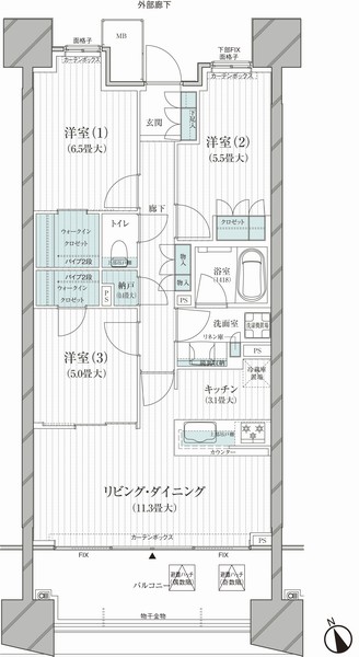 Floor plan J type 3LDK / Occupied area 74.20 sq m  / Balcony area 21.39 sq m (2 floor), 12.40 sq m (3 ~ 18th floor)