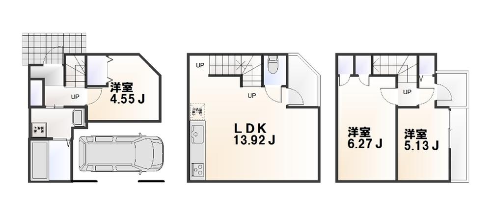 Compartment view + building plan example. Building plan example (A section) 3LDK, Land price 35,080,000 yen, Land area 42.86 sq m , Building price 13,720,000 yen, Building area 79.27 sq m
