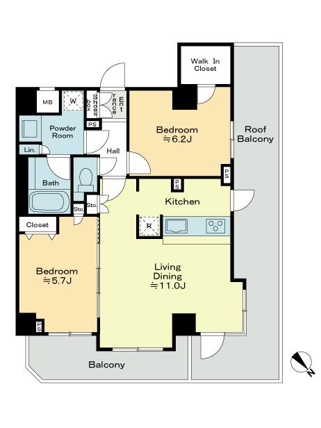 Floor plan. 2LDK, Price 53,800,000 yen, Occupied area 61.55 sq m , Balcony area 5.17 sq m