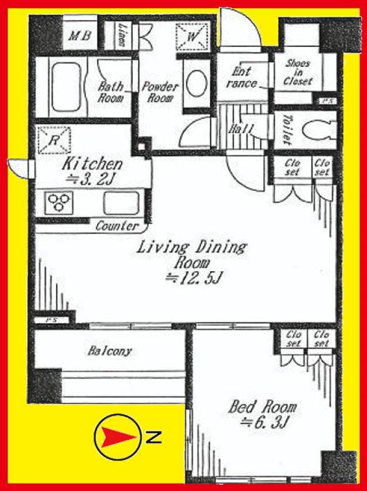 Floor plan. 1LDK, Price 33,900,000 yen, Occupied area 53.81 sq m , Balcony area 5.61 sq m
