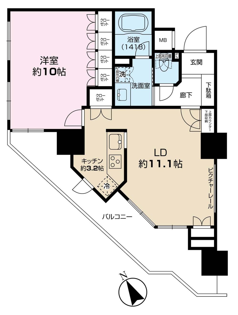 Floor plan. 1LDK, Price 51,800,000 yen, Footprint 57.3 sq m , Balcony area 16.41 sq m southwest corner room
