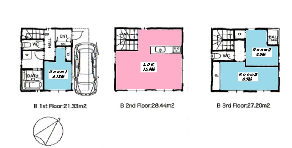 Building plan example (floor plan). Building plan example (B compartment) 3LDK, Land price 41.4 million yen, Land area 42.67 sq m , Building price 14.4 million yen, Building area 76.77 sq m