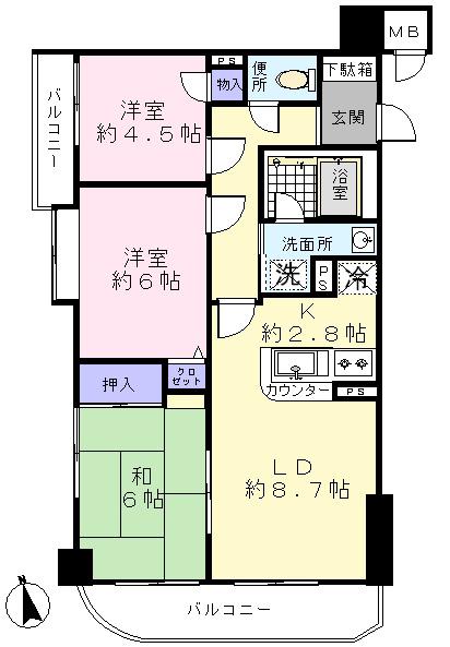Floor plan. 3LDK, Price 36,800,000 yen, Occupied area 63.47 sq m , Balcony area 9.13 sq m