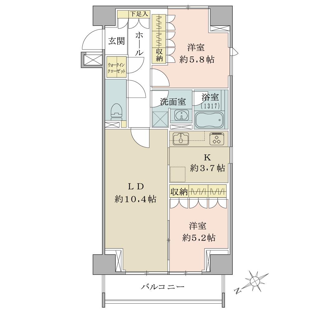Floor plan. 2LDK, Price 42,800,000 yen, Occupied area 61.93 sq m , Balcony area 6.5 sq m