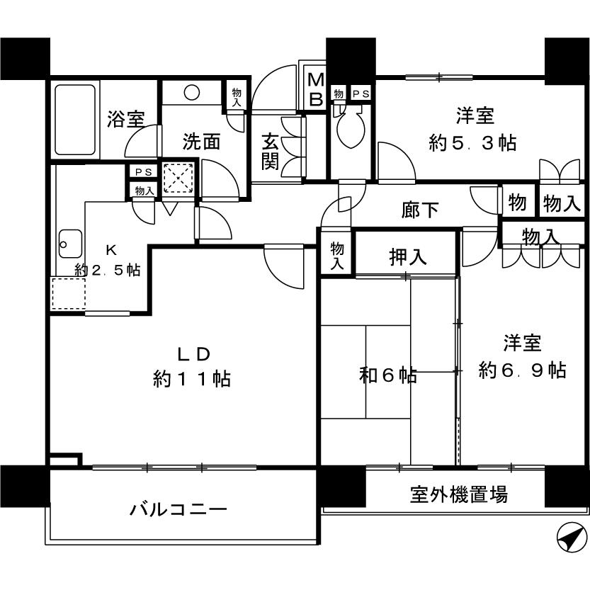 Floor plan. 3LDK, Price 44,700,000 yen, Occupied area 76.63 sq m , Balcony area 9.36 sq m