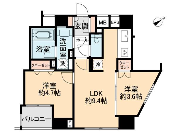 Floor plan. 2LDK, Price 30,800,000 yen, Occupied area 44.21 sq m , Balcony area 2.82 sq m
