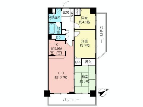 Floor plan. 3LDK, Price 34,900,000 yen, Footprint 66 sq m , 3LDK of balcony area 14.97 sq m southeast angle is rare!