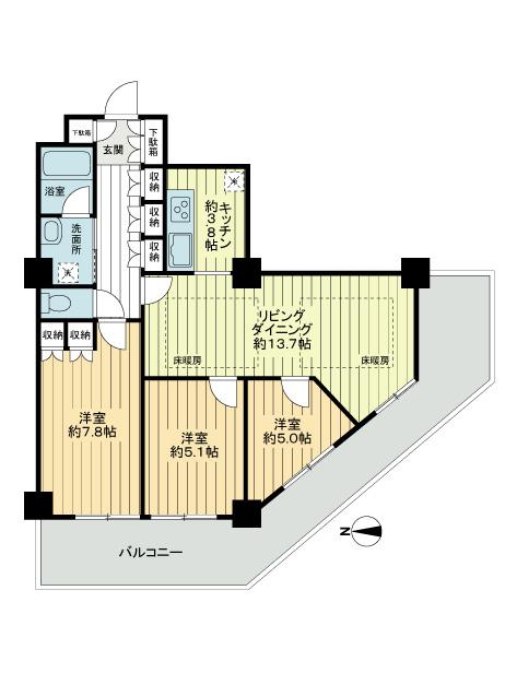 Floor plan. 3LDK, Price 59,800,000 yen, Occupied area 78.89 sq m , Balcony area 21.74 sq m   ・ About 10m or more of the wide span  ・ View of Mount Fuji views from all room (LD + 3 room)  ・ Day good floor plan in all room southwestward