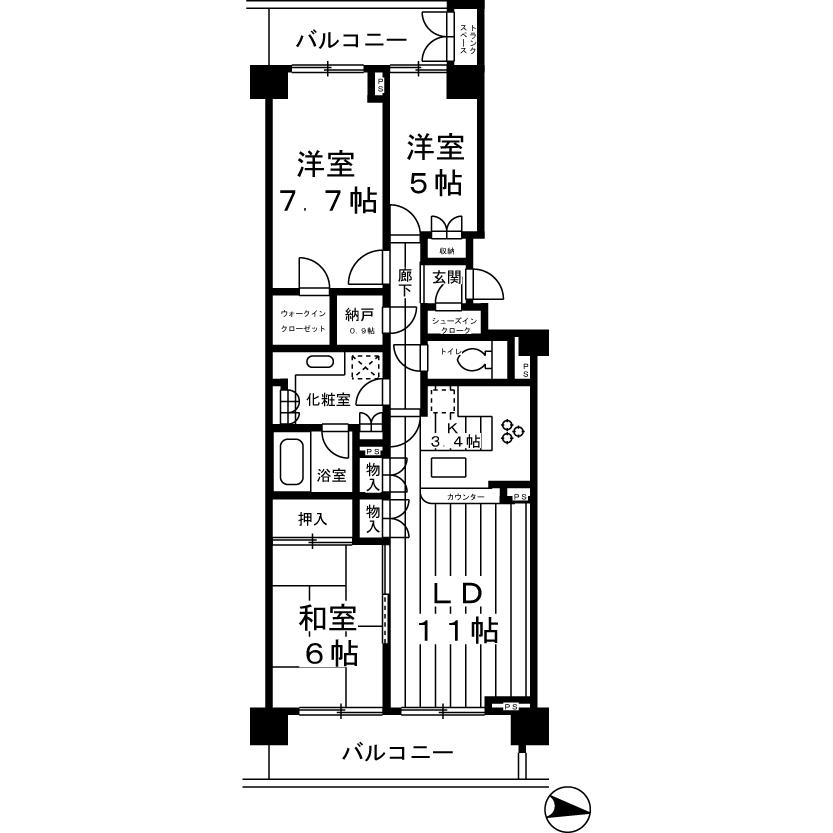 Floor plan. 3LDK, Price 44,800,000 yen, Occupied area 78.19 sq m , Balcony area 16.93 sq m