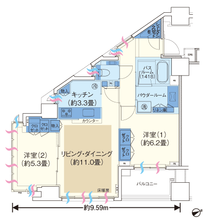 Room and equipment. Bright and airy also a good corner dwelling unit, Diverse lineup such as the airy wide span design. (F type ・ 2LDK+SIC ・ Occupied area 62.99 sq m  ・ Balcony area 5.79 sq m)