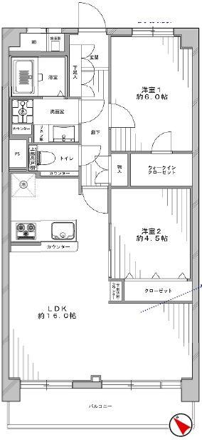 Floor plan. 2LDK, Price 33,800,000 yen, Occupied area 59.41 sq m , Balcony area 7.2 sq m