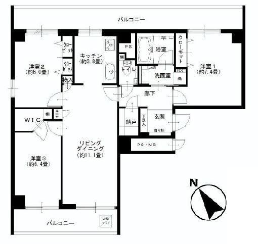 Floor plan. 3LDK, Price 48,900,000 yen, Occupied area 77.75 sq m , Good Floor balcony area 21.18 sq m usability
