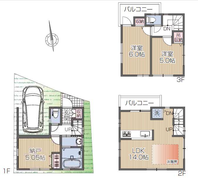 Floor plan. 45,800,000 yen, 3LDK, Land area 43.81 sq m , Building area 75.88 sq m building equipment also has been enhanced.  Floor heating ・ Dish washing dryer ・ Bathroom drying heater ・ All rooms screen door other all standard specification. 