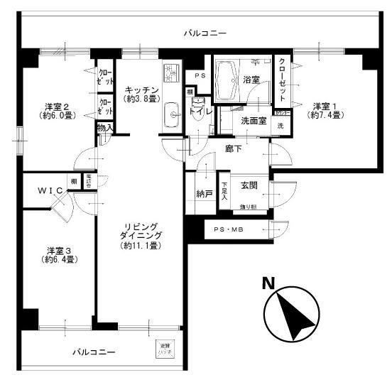 Floor plan. 3LDK, Price 48,900,000 yen, Occupied area 77.75 sq m , Balcony area 21.18 sq m