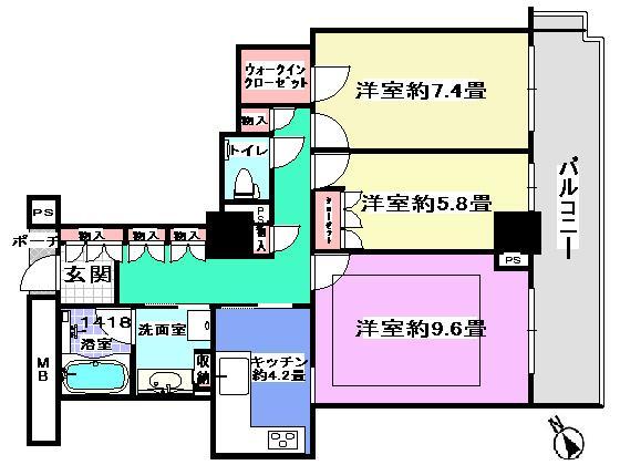 Floor plan. 2LDK, Price 57,700,000 yen, Occupied area 68.33 sq m , Balcony area 11.83 sq m All guestrooms at the southeast face, Wide span of about 8.1m