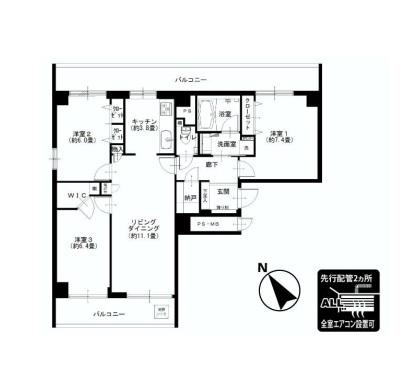 Floor plan. 3LDK, Price 48,900,000 yen, Occupied area 77.75 sq m , Balcony area 21.18 sq m