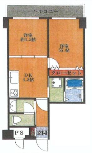 Floor plan. 2DK, Price 21,800,000 yen, Occupied area 35.43 sq m , Balcony area 4.95 sq m