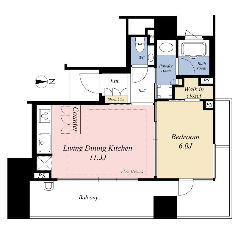 Floor plan. 1LDK, Price 42,800,000 yen, Occupied area 41.96 sq m , Balcony area 15.88 sq m