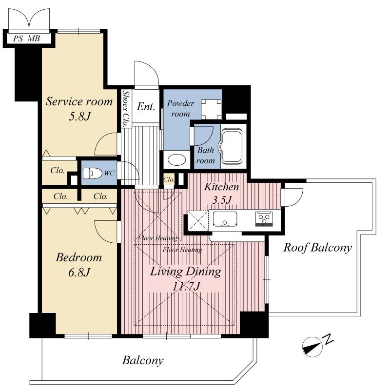 Floor plan. 1LDK + S (storeroom), Price 43,800,000 yen, Occupied area 61.47 sq m , Balcony area 9.44 sq m