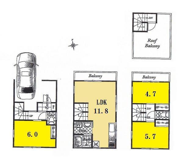 Floor plan. (3 Building), Price 53,800,000 yen, 3LDK, Land area 45.42 sq m , Building area 81.67 sq m