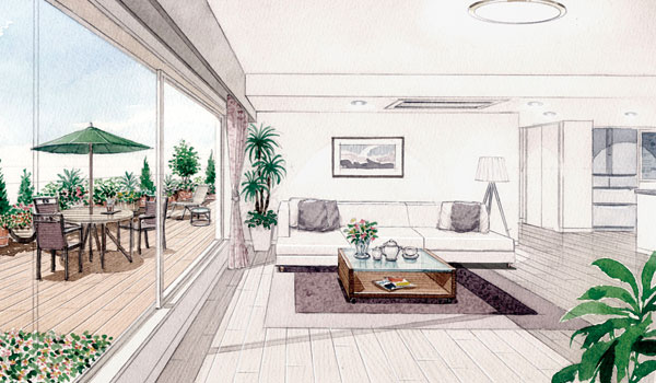 Living.  [Improve the living comfort, Relaxed living ・ dining] Living which has been subjected to throughout the ingenuity leading to sunlight ・ dining. Relaxed space filled to the light and wind, Forget that there is a city center, It was aimed at such life. (N type / living ・ Dining Rendering Illustration)