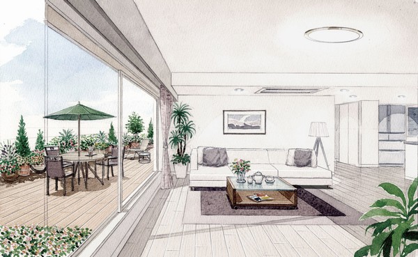 Roof balcony following the living room, Space plus α that can be used as outdoor living. Tea time and gardening, etc., It makes a living fun of colorful spread ※ N type image illustrations