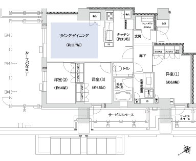  [LD ・ Western and integrated available roof balcony plan] K type ・ 3LDK + SIC Occupied area / 74.33 sq m roof balcony area: 16.62 sq m  ※ SIC = shoes closet