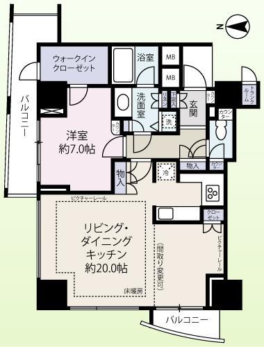 Floor plan. 1LDK, Price 67,900,000 yen, Footprint 65.4 sq m , Balcony area 11.16 sq m