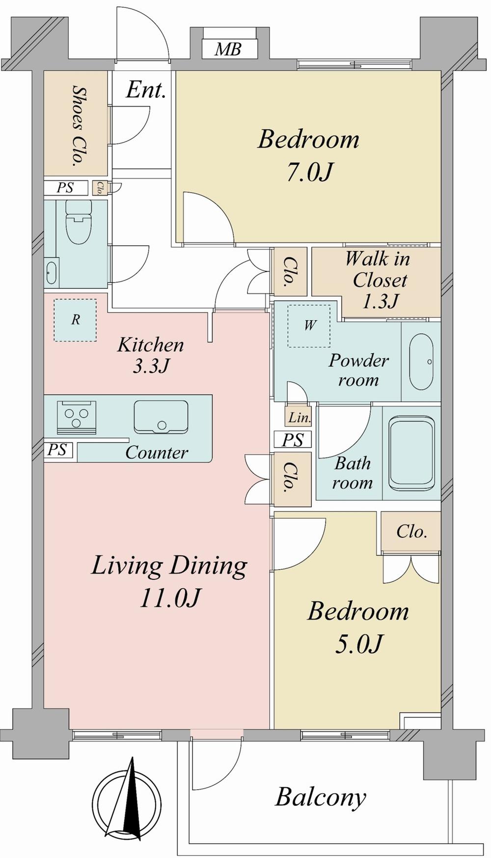 Floor plan. 2LDK, Price 65,100,000 yen, Occupied area 63.24 sq m , Balcony area 7.29 sq m south-facing 2LDK