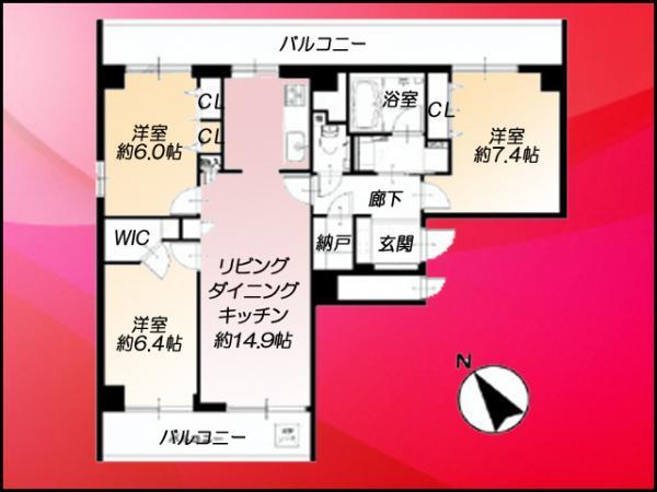 Floor plan. 3LDK, Price 48,900,000 yen, Occupied area 77.75 sq m , Balcony area 21.18 sq m